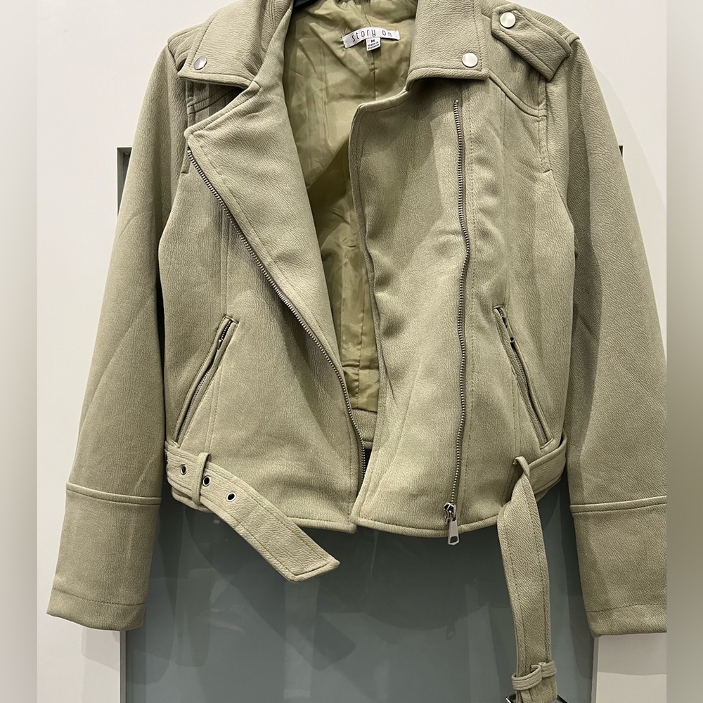 Story On Jacket Women Medium Sage Green Collared Moto